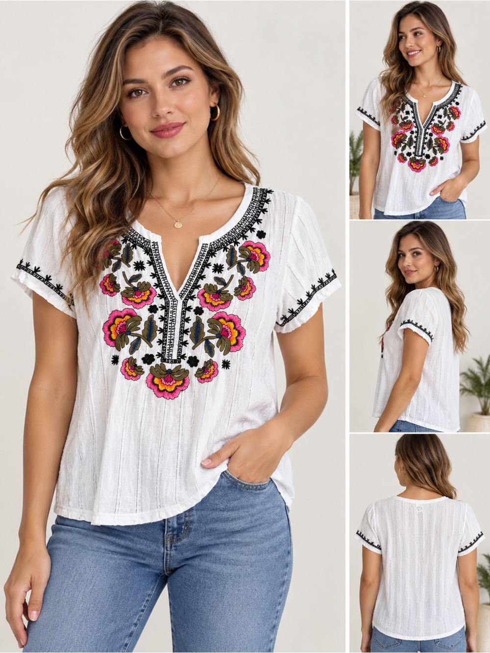 White Embroidered V-Neck Floral Top